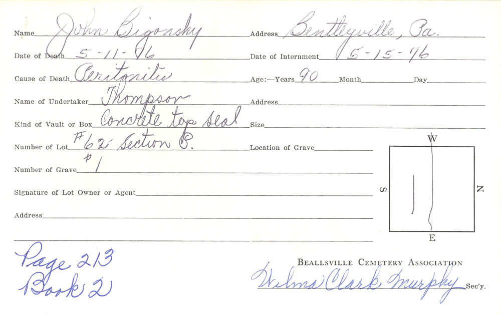 John Begansky burial card